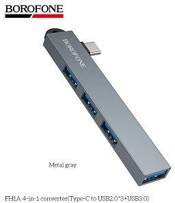 BOROFONE (6941991126123) FH1A USB HUB Type-C на 3USB 2.0+1USB 3.0 FH1A Metal Grey