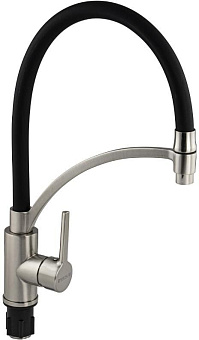 МАГНУС 9421 Смеситель для кухни, гибкий чёрный излив с фиксацией, корпус из нержавеющей стали марки SUS 304, цвет САТИН