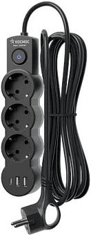 КОСМОС YKsm1.5m3g-Z-VU10A-B - 3 гн х 1,5 м черный Удлинитель