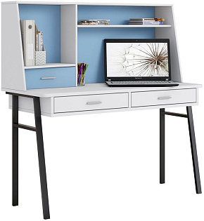 POLINI Стол письменный kids Aviv 1455 с надстройкой и ящиками белый/белый-голубой (4 кор.) Детская мебель