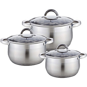 WEBBER BE-617/6 Набор посуды из нерж.стали 6 пр. 2,9л, 5,1л, 6,6л со стеклянными крышками Набор посуды WEBBER BE-617/6 Набор посуды из нерж.стали 6 пр