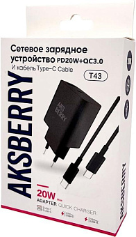 AKSBERRY (6900253230016) T43 20W PD + QC3.0 + кабель Type C , черный СЗУ