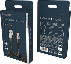 REXANT (18-7059) USB-A - Lightning 2,4А, 1м, в черной нейлоновой оплетке, с LED подсветкой Кабель