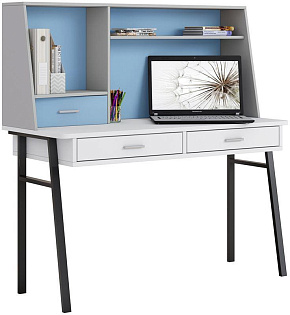 POLINI Стол письменный kids Aviv 1455 с надстройкой и ящиками белый/серый-голубой (4 кор.) Детская мебель