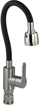 МАГНУС 9216-B Смеситель для кухни, с гибким чёрным изливом и двухрежимным аэратором, корпус из нержавеющей стали марки SUS 304, цвет САТИН
