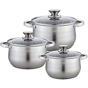 WEBBER BE-614/6 Набор посуды из нерж.стали 6 пр. 2,1л, 2,9л, 3,9л со стеклянными крышками Набор посуды WEBBER BE-614/6 Набор посуды из нерж.стали 6 пр