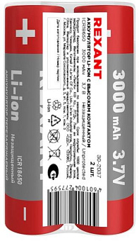 REXANT Аккумулятор Li-ion (литий-ион) 18650, 3,7В, 3000мАч, без платы защиты, 2 шт, пластиковая упаковка