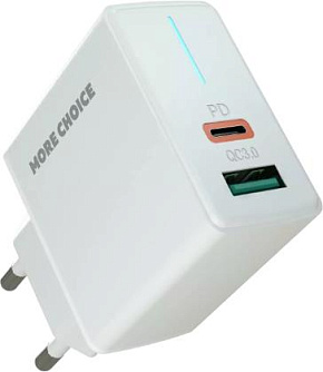 MORE CHOICE (4610196408649) NC61 СЗУ 1USB+1USB-C 3.0A PD 20W+QC3.0 быстрая зарядка White СЗУ