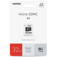 SMARTBUY (SB32GBSDCL10U3-01) MICRO SDHC 32GB CLASS10 PRO U3 R/W: 90/70 MB/S (с адаптером SD) Карта памяти