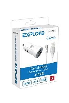 EXPLOYD EX-Z-587 TYPE-C 3.4А 2.4А+1А 2хUSB белый Автомобильное ЗУ