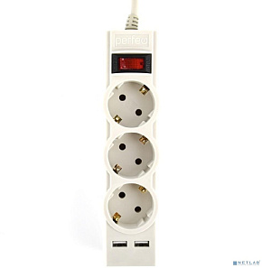 PERFEO (PF_E1642) "POWER-S", 5,0м, 3 розетки 10А, 2USB, 2500 Вт, двойная защита, серый Сетевой фильтр