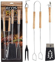 ECOS Набор для барбекю ND-1095D ( щипцы 39 см, вилка 39 см, лопатка 39 см, нерж. сталь, дерево) 999625 Набор для барбекю