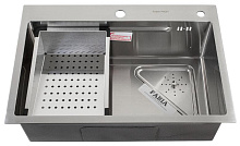 FABIA PROFI 68453 Мойка врезная 68х45 см, толщина 3,0 х 0,9 мм, глубина 200 мм + большой УГЛОВОЙ сифон с переливом + корзина + врезка для дозатора Мой