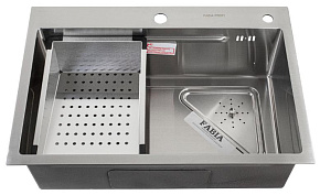 FABIA PROFI 68453 Мойка врезная 68х45 см, толщина 3,0 х 0,9 мм, глубина 200 мм + большой УГЛОВОЙ сифон с переливом + корзина + врезка для дозатора Мой