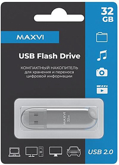 MAXVI P1 32GB silver, монолит с колпачком, ABS пластик, USB 2.0