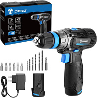 DEKO DKCD12V PRO в кейсе co съемным патроном + оснастка 13 шт, 12В, 2х1.5Ач 083-1004 Дрель-шуруповерт аккумуляторная