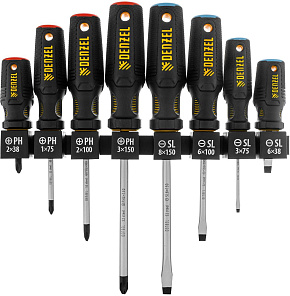 DENZEL Набор отверток на полке, 8 шт., PH+SL, S2, 3к рукоятка 122137