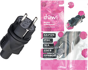 DUWI (27454 4) Вилка каучуковая, прямая, с заземлением, 16A, 230В, IP44, черный