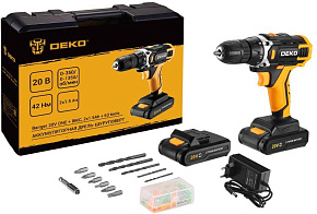 DEKO Banger 20V ONE + в кейсе + набор 63 инструмента для дома, 20В, 2х1.5Ач 083-1043 Аккумуляторная дрель-шуруповерт