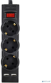 PERFEO (PF_E1639) "POWER-S", 1,8м, 3 розетки 10А, 2USB, 2500 Вт, двойная защита, черный Сетевой фильтр