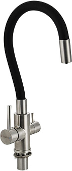 МАГНУС 91129 Смеситель для кухни, гибкий ЧЕРНЫЙ излив, шаровый, с двойным выпуском воды для фильтра, корпус из нержавеющей стали марки 304, цвет САТИН