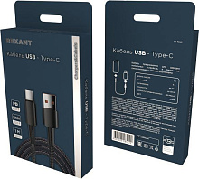 REXANT (18-7063) USB-A - Type-C, 6А, 120Вт, 1м, в черной нейлоновой оплетке Кабель