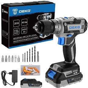 DEKO DKCD20V ONE + в кейсе + набор 63 инструмента для дома, 20В, 2x2.0Ач 083-1038 Аккумуляторная дрель-шуруповерт