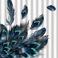 САНАКС 01-86 Штора с рисунком синие перья, в ванную комнату, без колец - полиэстэр Штора