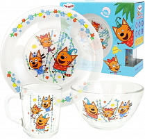 ND PLAY 309624 Набор посуды "Три кота" Цветы (3 предмета, подарочная упаковка), спец-серия, стекло Набор посуды