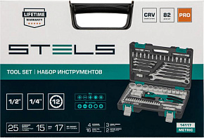 STELS Набор инструментов 1/2 , 1/4 , CrV, 12 гранные головки, пластиковый кейс, 82 предмета 14117 Набор инструмента