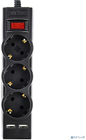PERFEO (PF_E1641) "POWER-S", 3,0м, 3 розетки 10А, 2USB, 2500 Вт, двойная защита, черный Сетевой фильтр