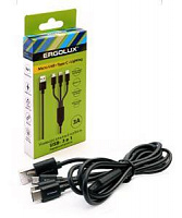 ERGOLUX (15099) ELX-CDC05-C02 (Кабель 3в1- Micro USB-Lightning-Type C, 3А, 1,2м, Черный, Зарядка, Коробка) Кабель