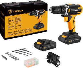DEKO Sharker 16V в кейсе + набор 63 инструмента для дома, 16В, 2х1.5Ач 083-1041 Аккумуляторная дрель-шуруповерт
