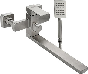 МАГНУС 9227 Смеситель для ванны, длинный излив, шаровый, с дивертором на корпусе, квадратный корпус, из нержавеющей стали марки 304, цвет САТИН