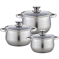 WEBBER BE-615/6 Набор посуды из нерж.стали 6 пр. 2,9л, 5,1л, 6,6л со стеклянными крышками Набор посуды WEBBER BE-615/6 Набор посуды из нерж.стали 6 пр