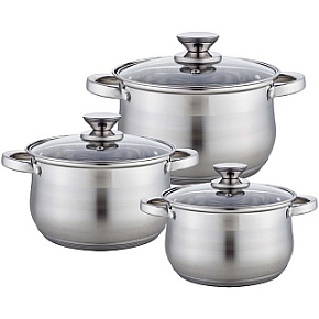 WEBBER BE-615/6 Набор посуды из нерж.стали 6 пр. 2,9л, 5,1л, 6,6л со стеклянными крышками Набор посуды WEBBER BE-615/6 Набор посуды из нерж.стали 6 пр