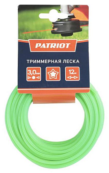 PATRIOT 805205123 Леска D 3,0 мм L 12 м (звезда, зеленая) 300-12-3, картонный подвес Леска